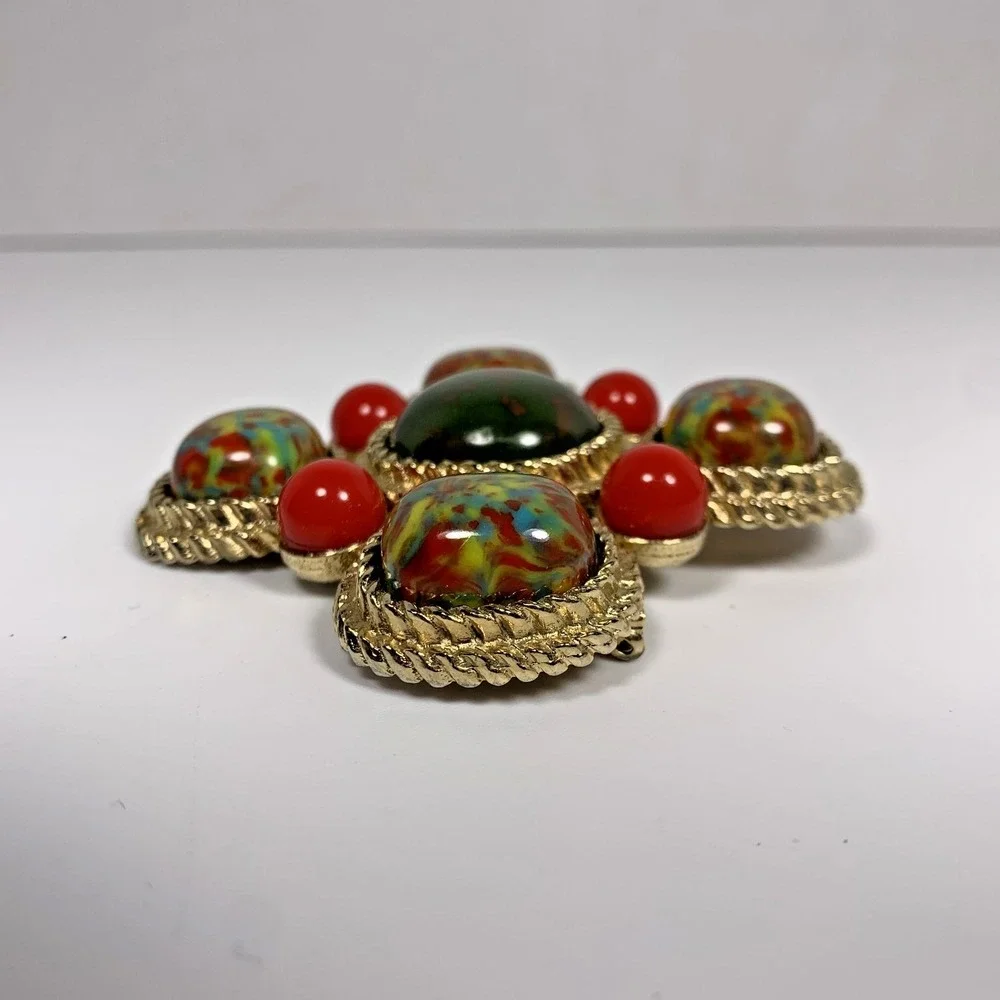 Vintage Sarah Coventry Signed Large Mosaic Maltese Cross‎ Brooch Pin Gold Tone
